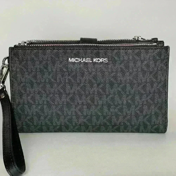 Michael Kors Double Zip Wristlet Purse MK Signature Wallet Black - Picture 1 of 4